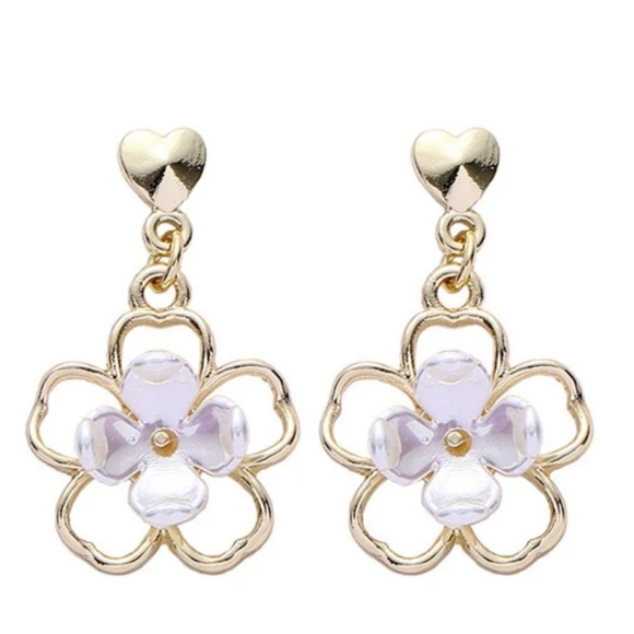 Gold-plated Heart Enamel Flower drop earrings with silver post BOGO - Picture 3 of 11
